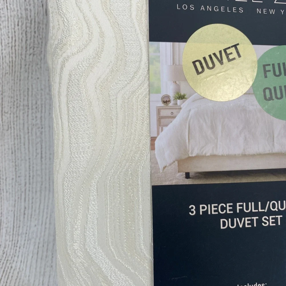 Rachel Zoe Duvet Set Full/Queen Ivory Cream Wavy Jacquard Modern Textured Chic